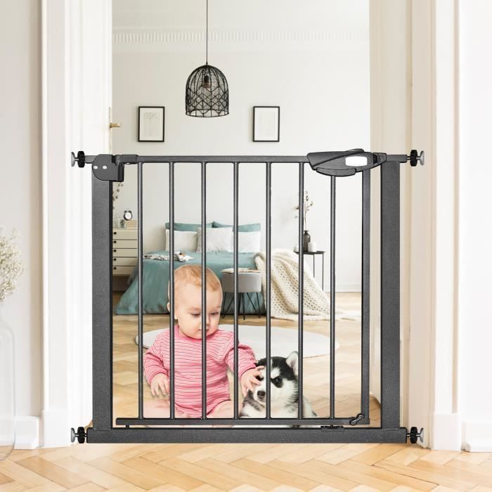 Barrera de seguridad infantil Aufun de 85-95 cm de ancho con cierre automático, apertura de 180° en ambas direcciones, color negro.