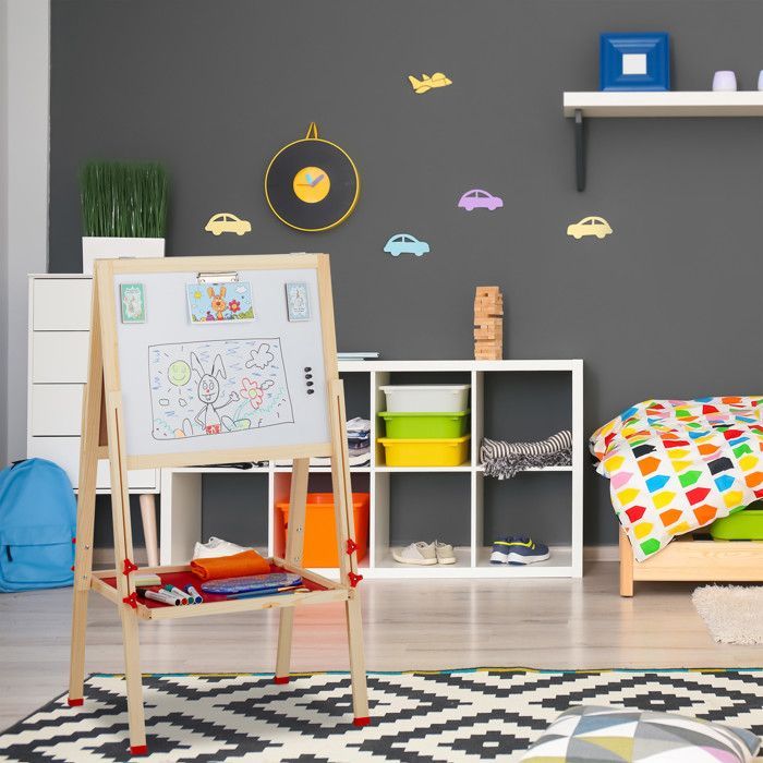 Relaxdays Tableau droit enfant; blanc et pour craie, réglable en hauteur, chevalet en bois, 102-135 x 55 x 52 cm, nature