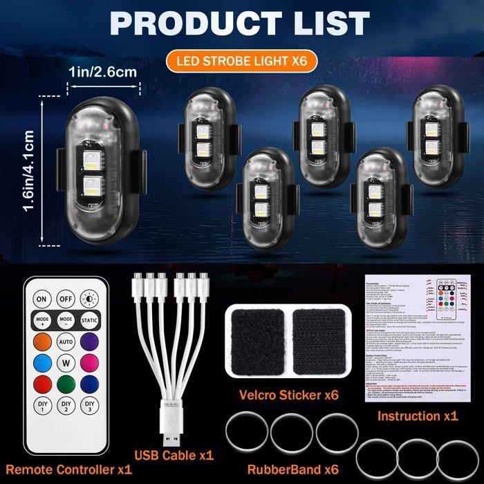 Set di 6 luci stroboscopiche a LED wireless a 8 colori con telecomando - Ricaricabili tramite USB, anticollisione per auto, moto e camion