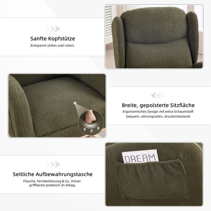 Mecedora moderna, silla de lactancia con reposapiés y estructura de madera, tela Teddy, verde