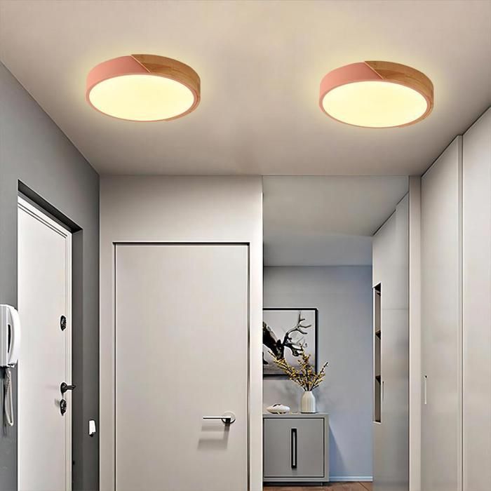 WOTTES Plafonnier en Bois Rond - LED Plafond Luminaire Moderne Pour Salon Chambre Couloir Cuisine - 30*30CM - Rose - Blanc Chaud