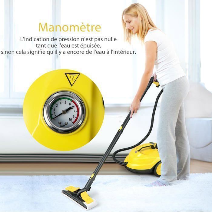 Nettoyeur Vapeur Polyvalent 2000W COSTWAY pour Punaises de Lit-5 BAR-15 Accessoires et Manomètres-Réservoir 1,8L-160°C-4 Roue-Jaune