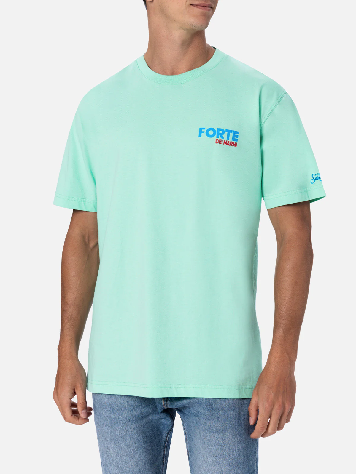 Heren katoenen T-shirt met print van een ansichtkaart van Forte dei Marmi