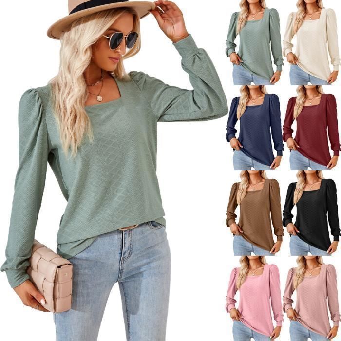 Femme Pull Manches Longues Col Carré Casual Pullover Lâche Tops Couleur Unie Pour Printemps Et Automne - Taille EU - Rose Clair