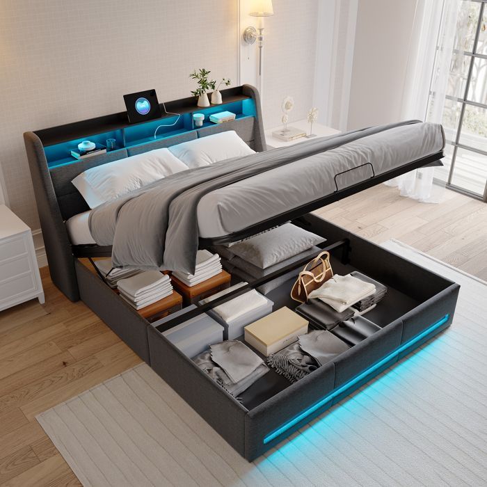 Opbergbed van 140x200 cm met ledverlichting, hoofdbord met USB-poort en opbergruimte, tweepersoonsbed voor volwassenen met lattenbodem, linnen, grijs