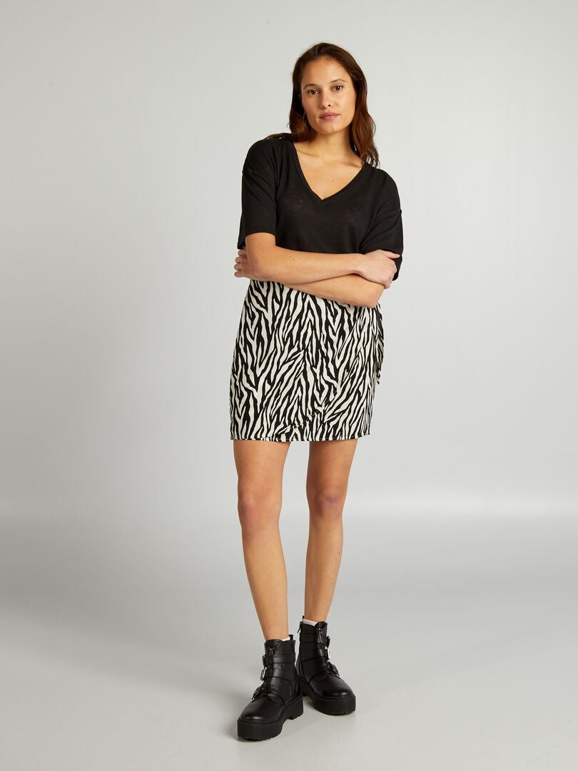 T-shirt met ronde hals en linnen - zwart