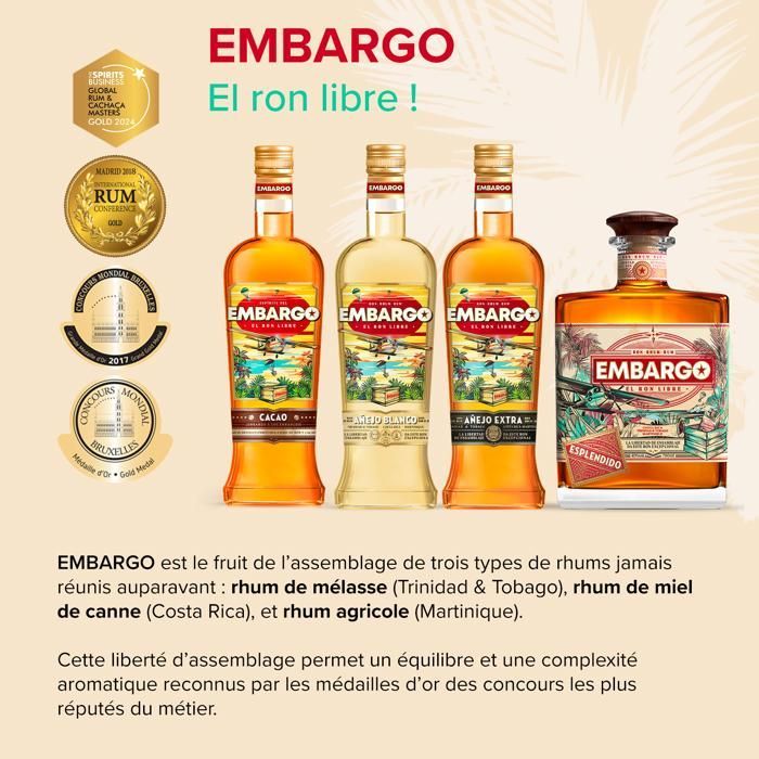 EMBARGO - ESPLENDIDO - Ron - Origen: Costa Rica / Trinidad & Tobago / Martinica - 40% alcohol - Botella 70 cl