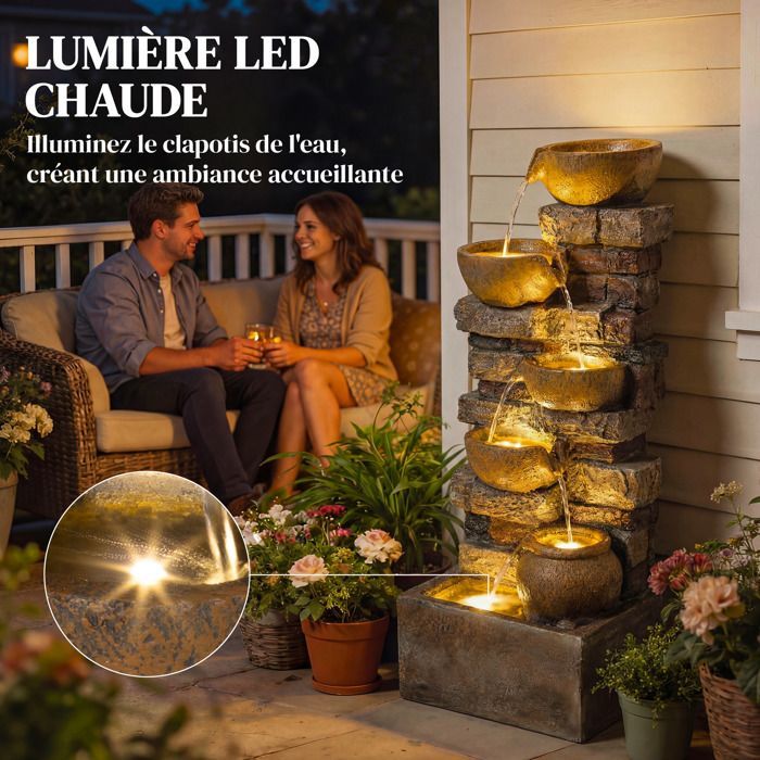 Fuente de jardín Outsunny - 5 niveles con jarras en cascada - Iluminación LED - Resina - 72 cm - Marrón rústico