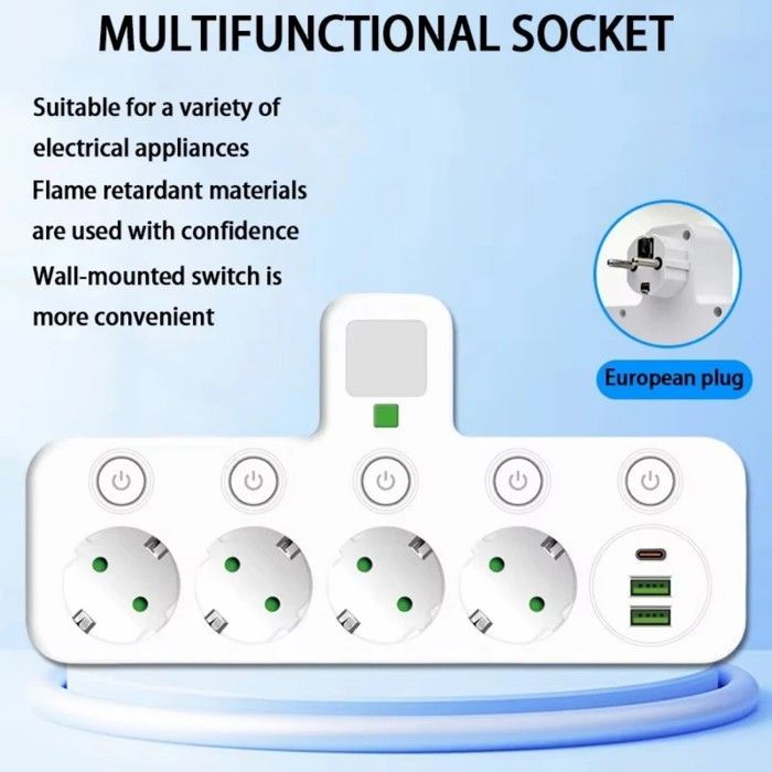 Multiprise Murale avec 4 Prises 2 USB-A 1 Type-C, Interrupteur Individuel, pour Chambre Cuisine Bureau