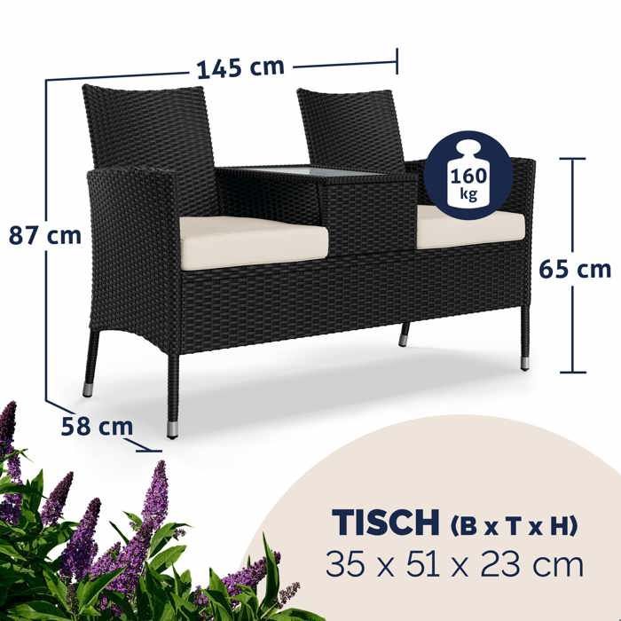 Banc de jardin CASARIA® en polyrotin 2 places avec coussins table intégrée 145 x 58 x 87 cm Salon de jardin extérieur noir