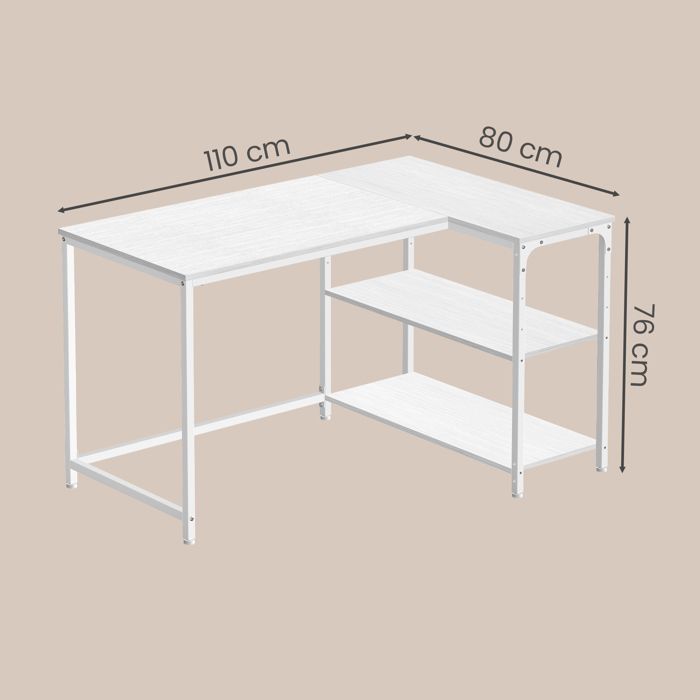 Bureau en L, Étagères Réglables avec Rangement, 110 x 80 cm, Blanc