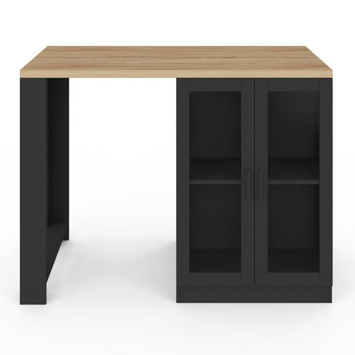 Isla central IDMARKET LINO de 120 cm para 2 personas, madera negra con encimera efecto haya y puertas de cristal.
