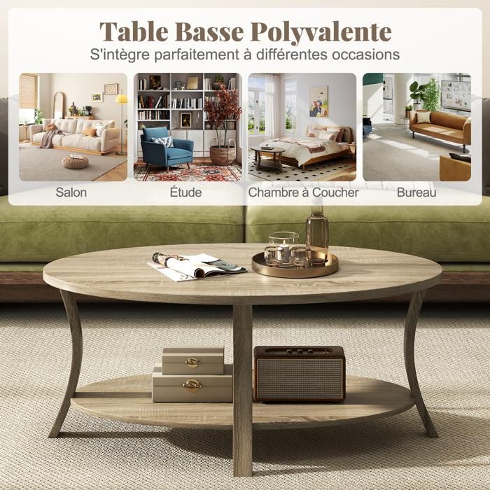 Mesa de centro ovalada COSTWAY con 2 niveles, mesa de centro de madera de caucho, estante de almacenamiento, mesa de centro para sala de estar, capacidad de carga 160 kg, natural