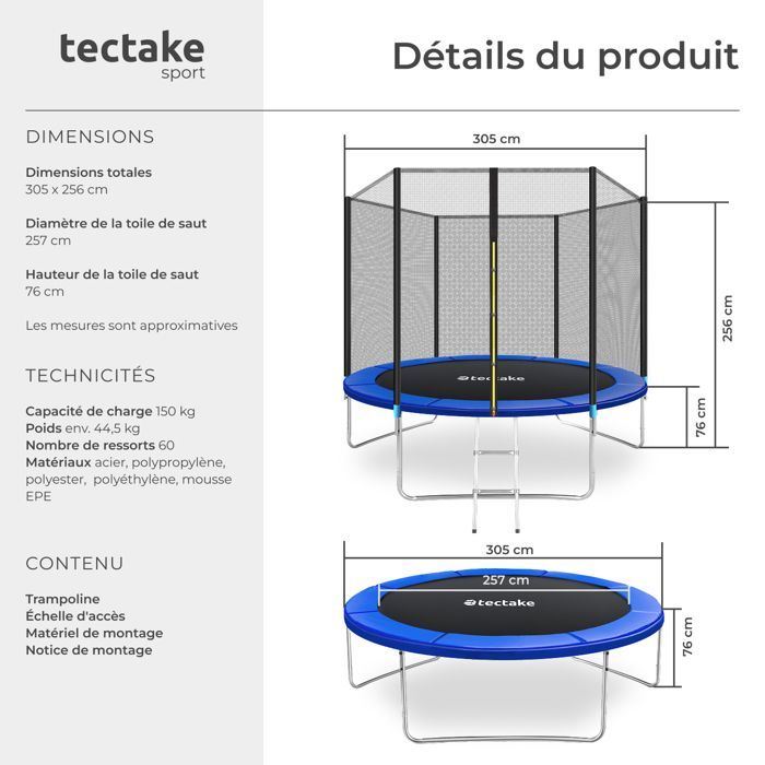 Trampoline - TECTAKE - GARFUNKY Model B Trampoline with durable steel jumping mat, 305 cm - Black/blue