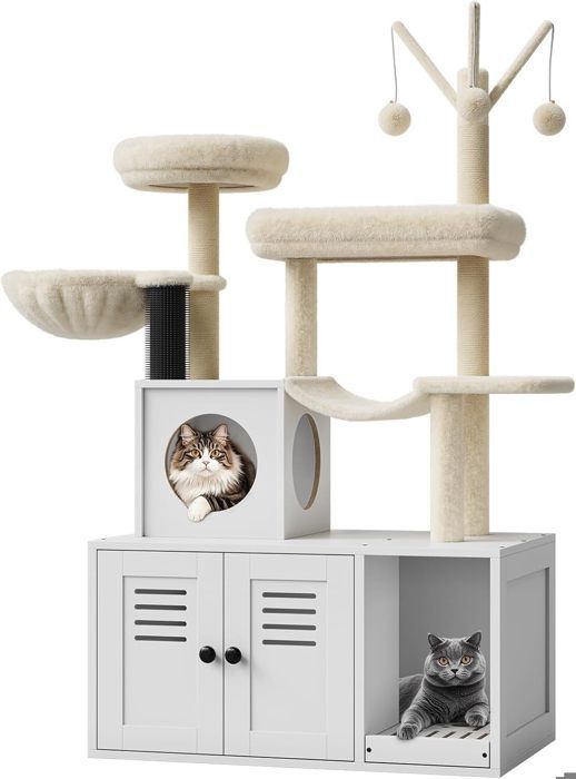 Modern 3-in-1 Cat Tree, 70 x 48 x 138 cm, White, with Litter Box, Cat House with Litter Cover