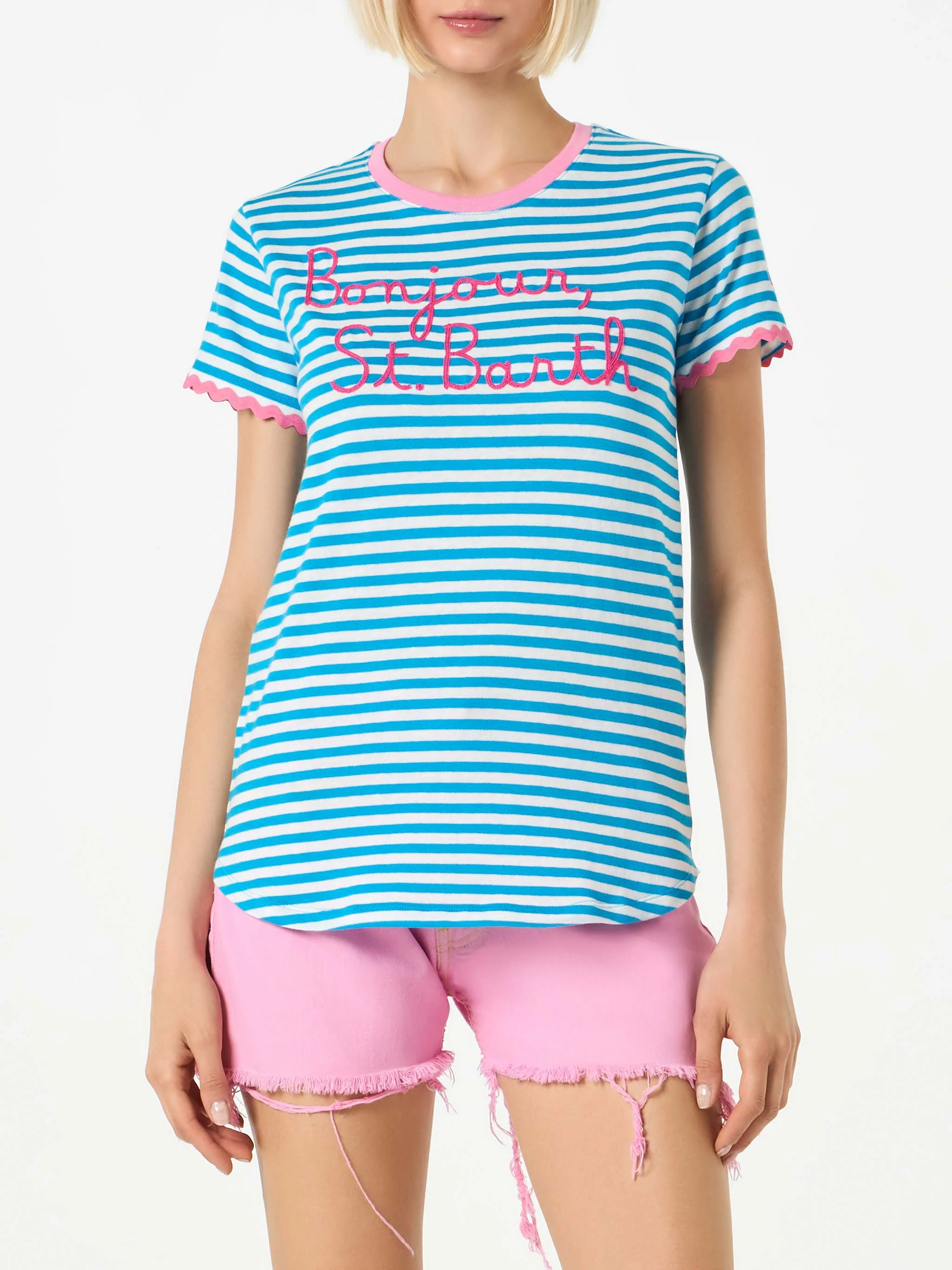 Dames katoenen T-shirt met geborduurde tekst Bonjour St. Barth