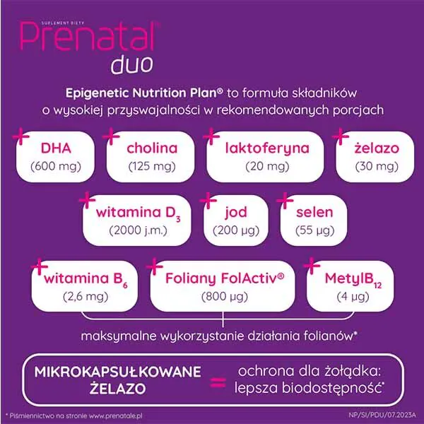 Prenatal Duo, Suplement diety dla kobiet od 13. tygodnia ciąży do końca karmienia piersią, Kapsułki twarde + kapsułki żelatynowe