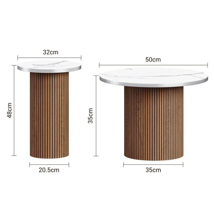 Round Coffee Table Set of 2 Marble Veneer Side Table Modern Minimalist Style 50x35+32x48cm Walnut