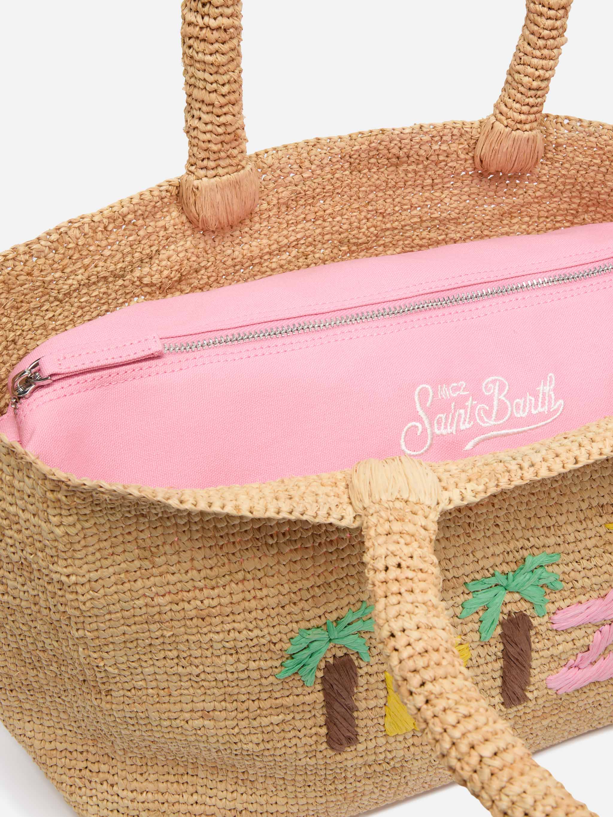 Beige raffia strandtas met katoenen binnenvak en Ibiza-borduurwerk.