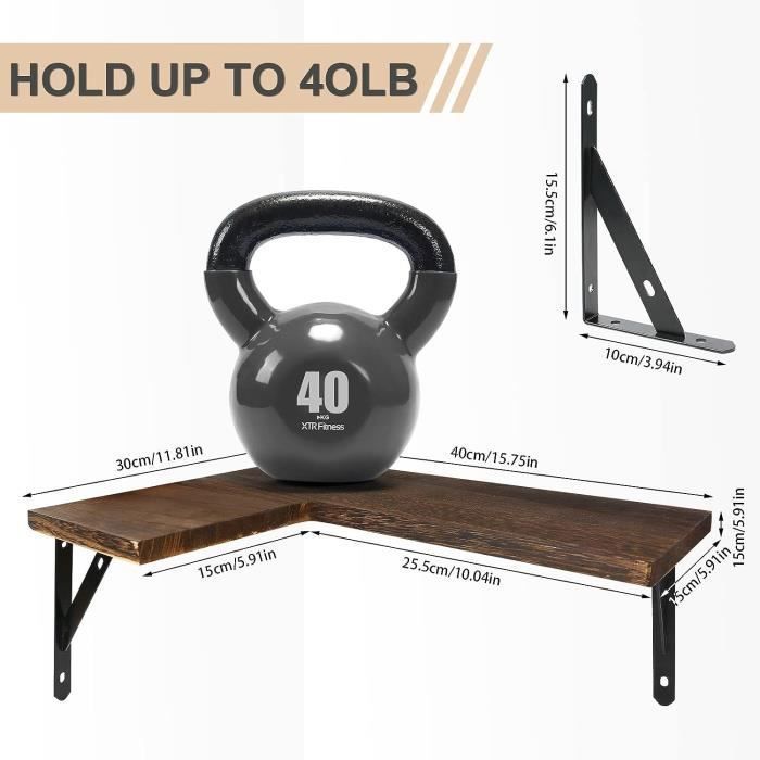 Étagères d’Angle Flottantes Etagere Murale Bois avec Supports Métalliques pour Salon, Chambre, Cuisine, décoration de Bureau