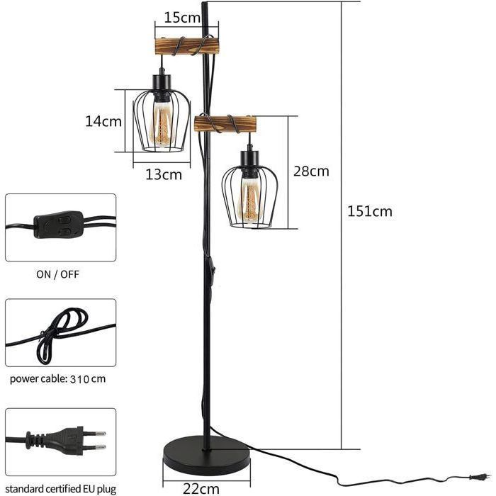 Vloerlamp - NETTLIFE - 2 metalen en houten lampen - E27 - Hoogte 151 cm - Zwart