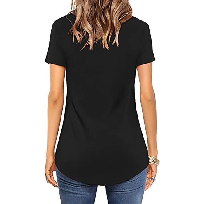 Camiseta de mujer - FONDUPIN - Manga corta, cuello en V - Negra - Transpirable y cómoda