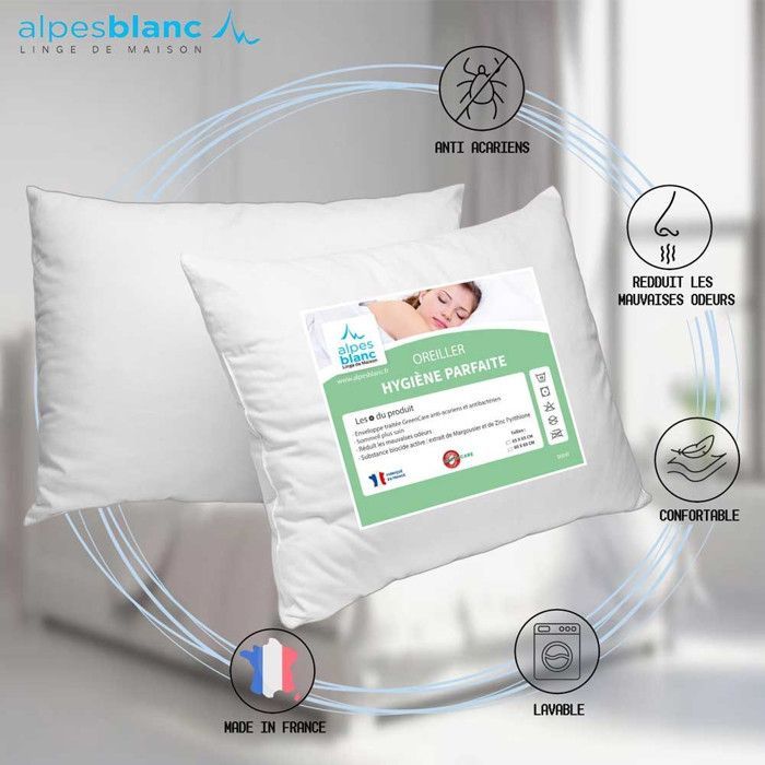 ALPES BLANC - Lot de 2 oreillers anti-acariens 45x70 cm Fabrication française - Triple action antibactérien/acariens/moisissures