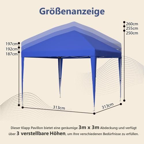 Tuinpaviljoen, 3x3m opvouwbaar pop-up tuinpaviljoen, UV 50+ zonbescherming, inclusief 4 zandzakken en opbergtas (blauw)