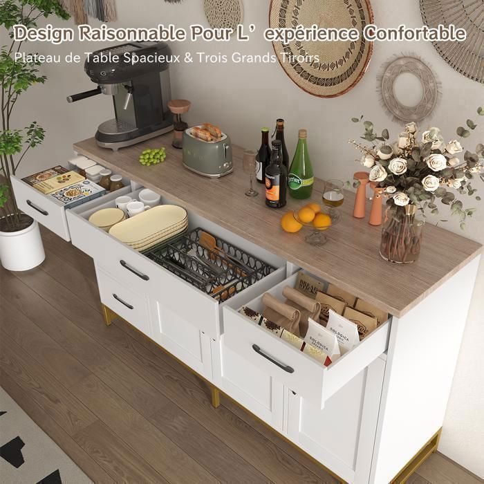 Buffet Cuisine Meuble de Rangement-140x40x80 CM-étagères réglables-Buffet Salon avec 4 Portes 6 Tiroirs-pour Salon,Salle à Manger