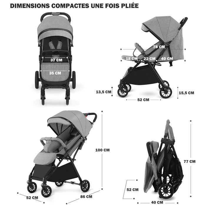 Ultracompacte stadsbuggy - Van 0 tot 36 maanden, tot 15 kg - Inklapbaar met één druk op de knop, verstelbare rugleuning, dubbele rem - Grijs