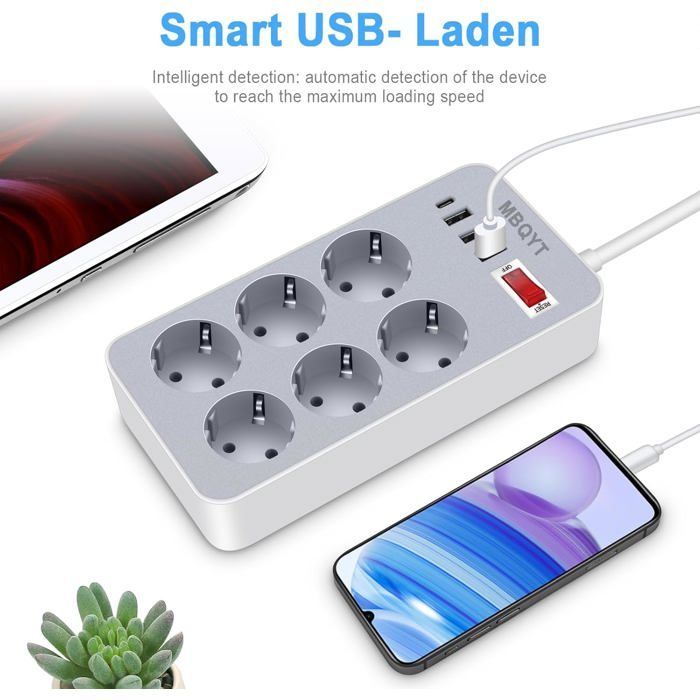 Regleta eléctrica de 6 tomas con 4 puertos USB, cargador de viaje (5V 2A/12W), protector contra sobretensiones, pararrayos y protección contra sobretensiones.