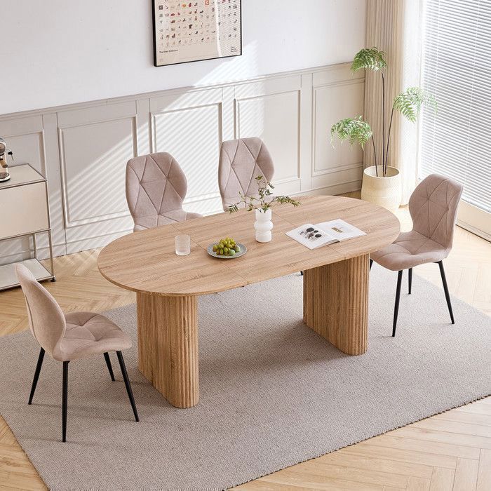 Mesa - Mesa de comedor ovalada - Soporte de columna - MDF - Madera clara