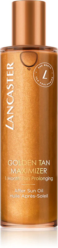 Óleo corporal pós-sol Lancaster Golden Tan Maximizer para prolongar o bronzeado.
