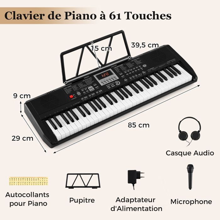 Teclado electrónico portátil COSTWAY de 61 teclas con iluminación - Función SPLIT - Pegatinas - 2 modos de alimentación - Micrófono y auriculares