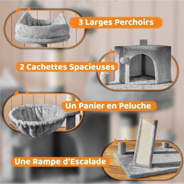 Árbol rascador para gatos YAHEETECH de 175 cm en madera de terciopelo gris con postes rascadores de sisal y 3 perchas.