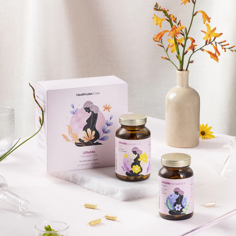 Cápsulas de suplemento alimentar Health Labs Care LittleMe para gestantes no segundo e terceiro trimestres.