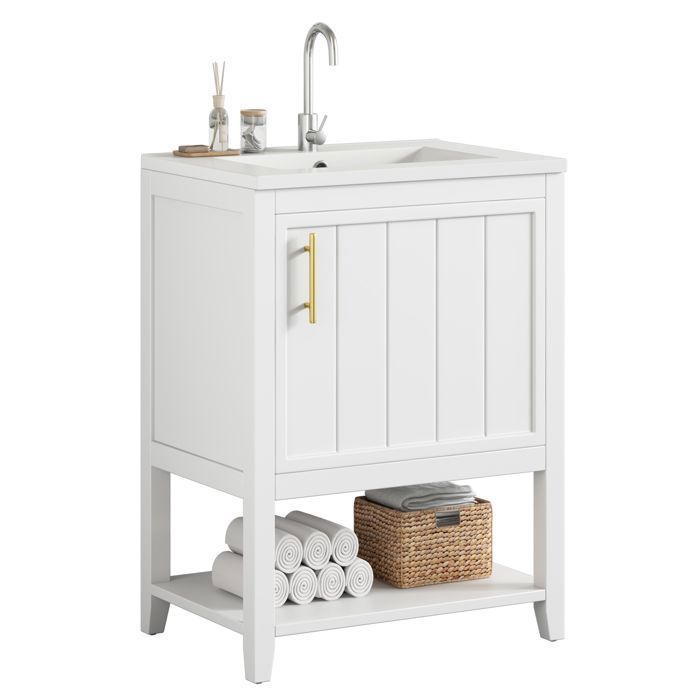 Mueble de baño con lavabo individual, armario bajo lavabo de cerámica de 60 cm con estante, color blanco.