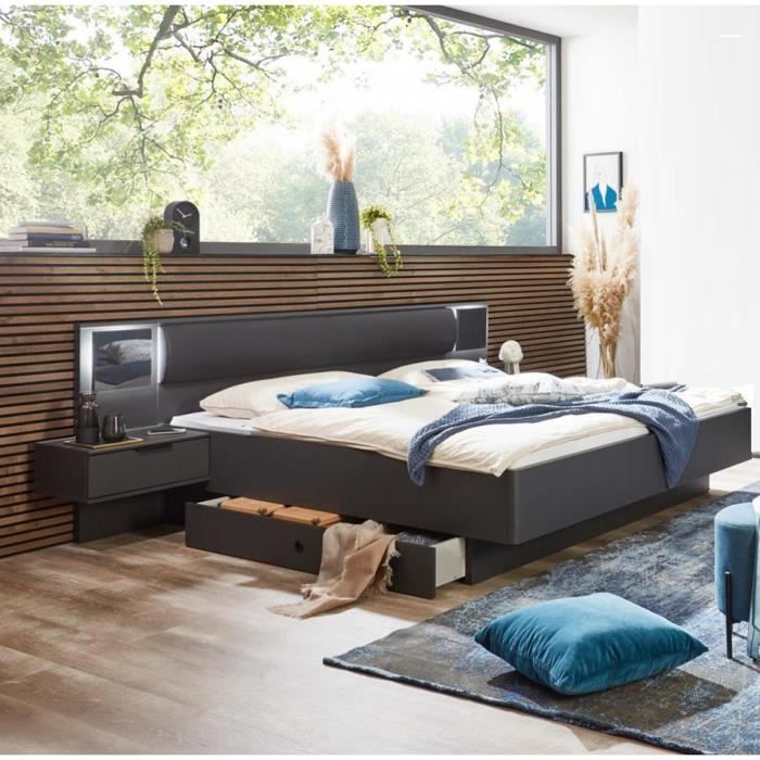Cama doble king size (180 x 200 cm) + 2 mesitas de noche + 2 cajoneras, gris grafito - Largo 289 x Profundidad 210 x Alto 92 cm