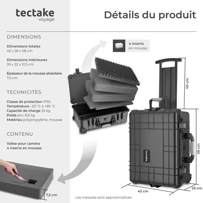 Estuche impermeable para cámara - TECTAKE - Estuche para cámara con ruedas y asa telescópica - 45 x 26 x 58 cm