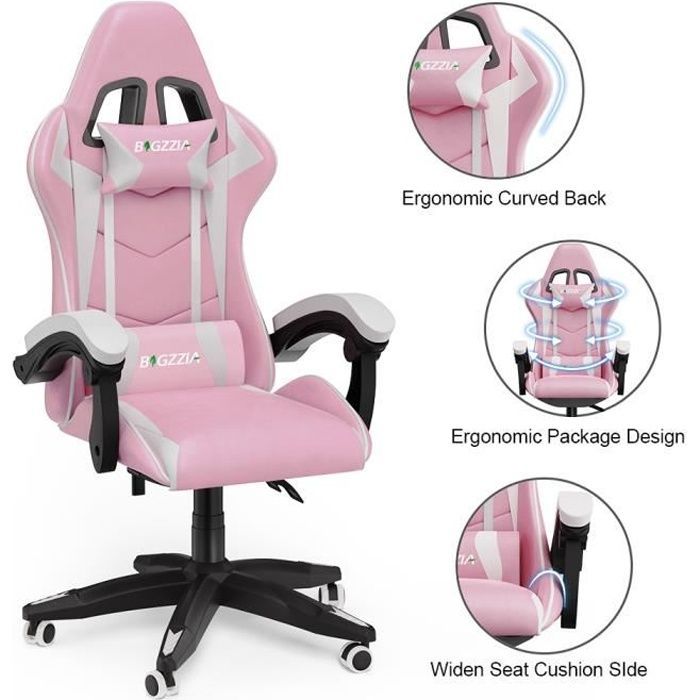 Sedia da gaming ergonomica - Sedia da gaming - con poggiatesta e cuscino lombare - Regolabile e girevole - Rosa e bianca
