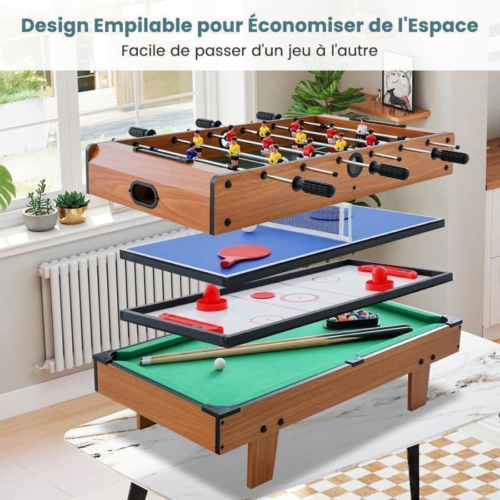 Mesa de futbolín COSTWAY 4 en 1 - Billar, ping-pong, hockey - Accesorios completos - Superficie de juego apilable - 81 x 43 cm - Hogar, bar - Natural