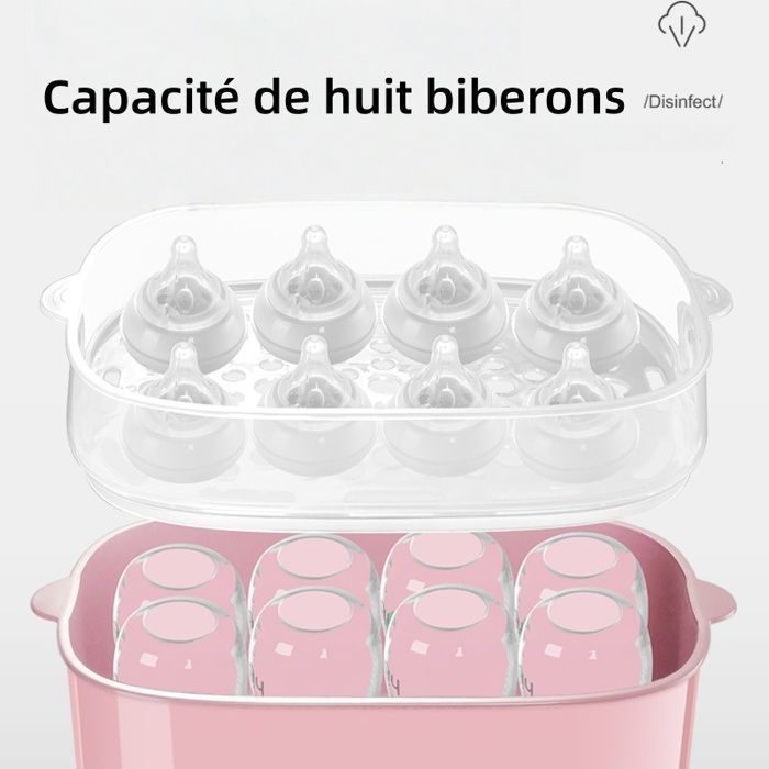 Esterilizador de mamadeiras, visor LED, capacidade para oito mamadeiras, função de aquecimento, rosa
