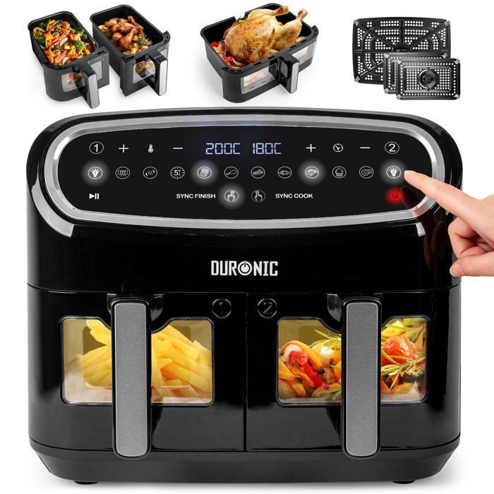 Set friggitrice ad aria Duronic AF34 BK con 1 cassetto grande da 10 litri e 2 cassetti piccoli da 5 litri inclusi | 10 programmi di cottura preimpostati