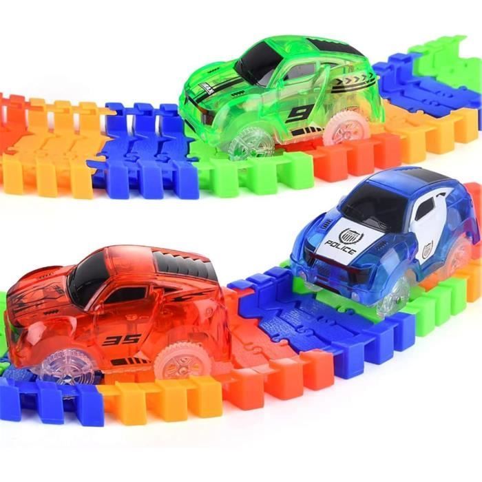 Pista de carreras para coches, pista de coches para niños, paquete de 3 (coche de carreras rojo y verde, coche de policía azul) con 5 luces.