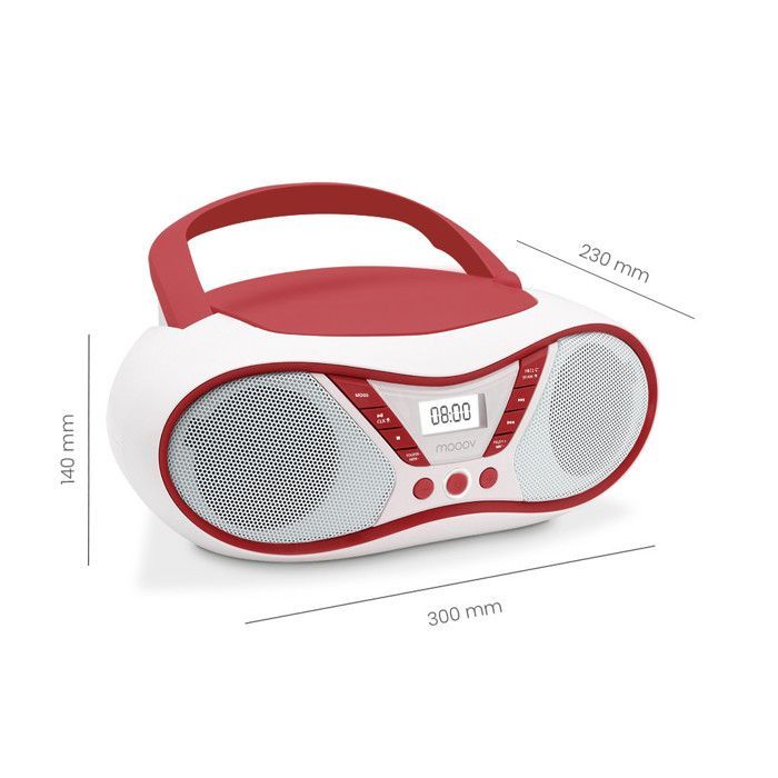 Cherry draagbare cd-speler, CD-R/CD-RW/CD-MP3-weergave, FM-radio, USB-poort, 6W stereogeluid, handvat - werkt op netstroom of batterijen.