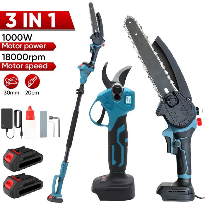 Tronçonneuse Elagueuse électrique sur perche 8 pouce ，Moteur sans balais de 1000 W, mât de 2 mètres - 2 batteries de 21 V