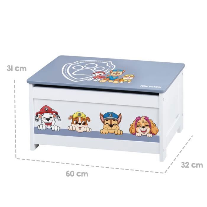 Cofre de juguetes de madera ROBA Paw Patrol - Tapa con bisagras - Diseño de perro - Gris - Blanco