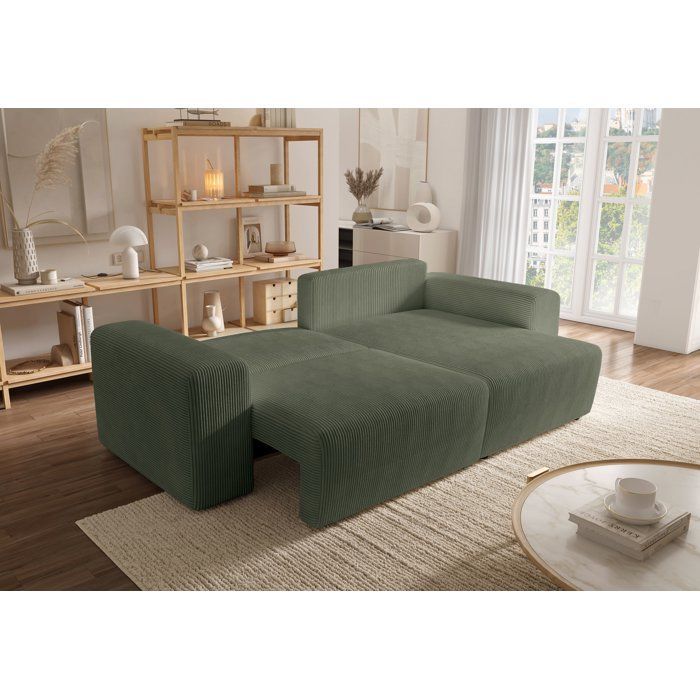 Sofá de canto conversível - 4 lugares - BOBO - Tecido verde - 244 x 138 x 86 cm