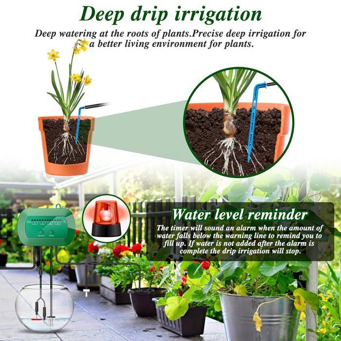 Kit di irrigazione automatica solare per giardino – Tubo di irrigazione a goccia da 15 m con timer – Balcone, vaso di fiori, vacanze