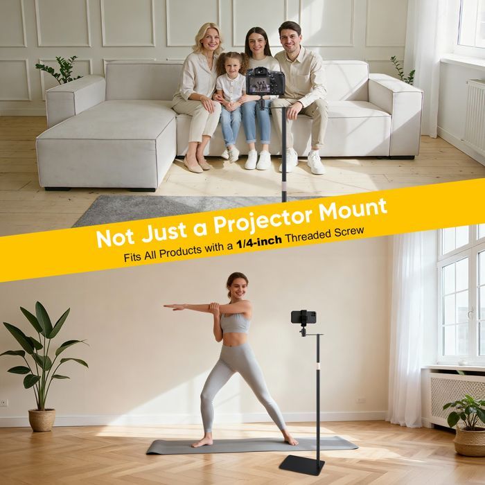 Supporto per proiettore in acciaio al carbonio con rotazione a 360°, portata massima 5 kg, altezza regolabile da 30 a 130 cm.
